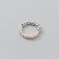 Fresh Water Pearl Silver Bead Elastic Adjustable Ring for Women Girls 100% Real 925 Sterling Silver Jewelry