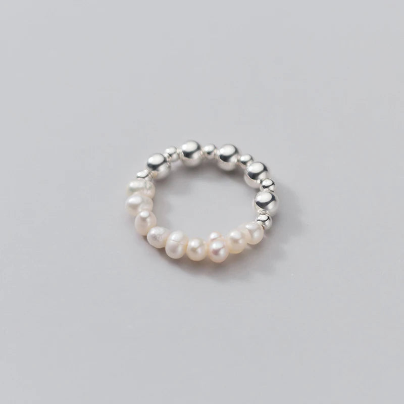 Fresh Water Pearl Silver Bead Elastic Adjustable Ring for Women Girls 100% Real 925 Sterling Silver Jewelry
