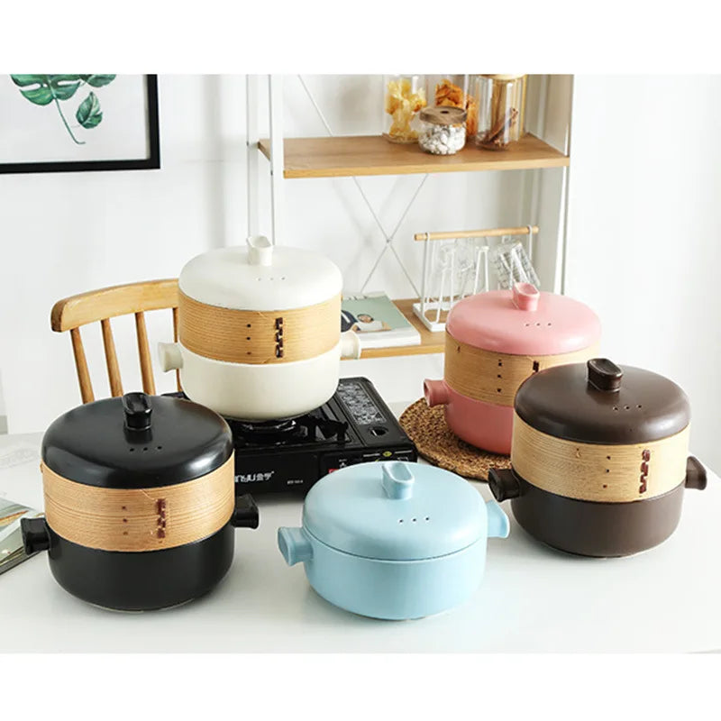 Drop Shipping Japanese Steamer Casserole with Steamer Soup Pot Stew Pot Bamboo Multi-layer Household Ceramic Steamer Casserole