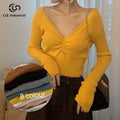 Women's Casual Long Sleeve V Neck Ruffle Pullover Solid Color Soft Ribbed Knitted Jumper Custom Design Winter Fit Knitwear Front