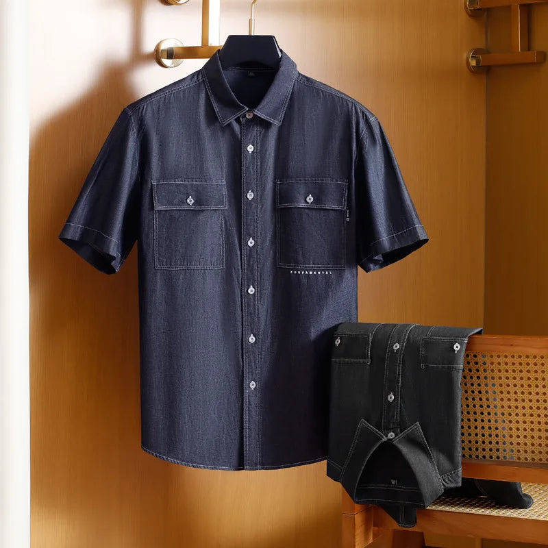 Men's Retro Short Sleeve Denim Shirt Summer Business Casual Style Loose Fit Knitted Yarn Dyed Techniques 100% Cotton for