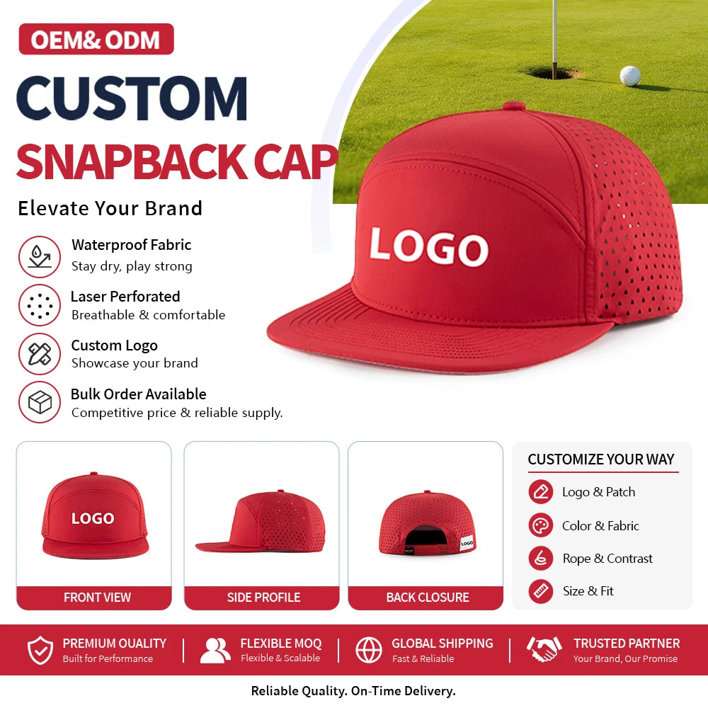 Professional Factory Custom Logo Laser Perforated Waterproof Quick Dry 6 Panel Performance Golf Snapback Cap for Outdoor