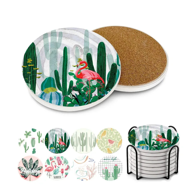 Nordic Flamingo Cactus Leaf Ceramic Coaster Set Cork Art Absorbent Drink Custom Sublimation Mats & Pads Holder
