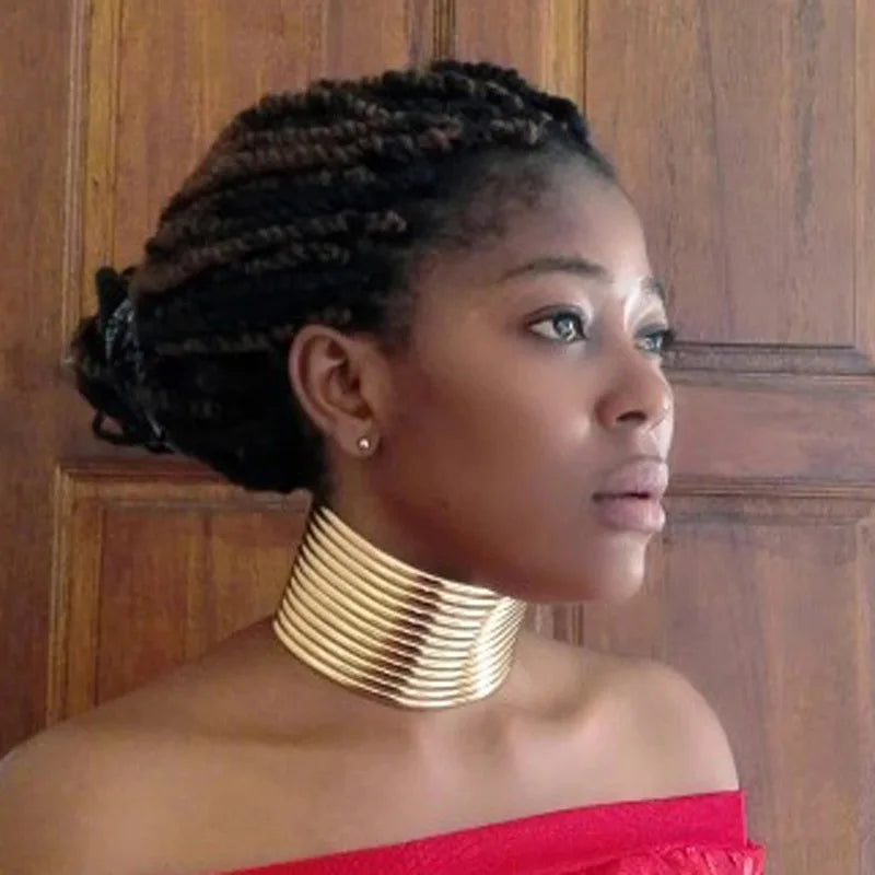 African Jewelry Statement Collar Necklace Adjustable Leather Gold Tone Chunky Choker Necklace for Women Wedding Party Bijoux