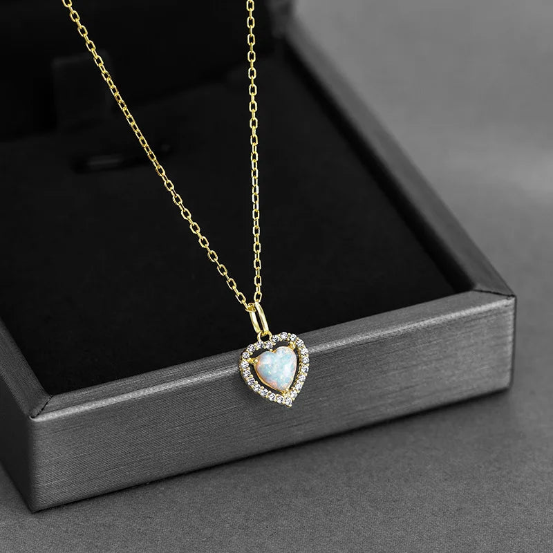 Fashion Jewelry 925 Sterling Silver Necklace love Heart Opal Diamond Gold Plated Necklaces Women Valentine's Day