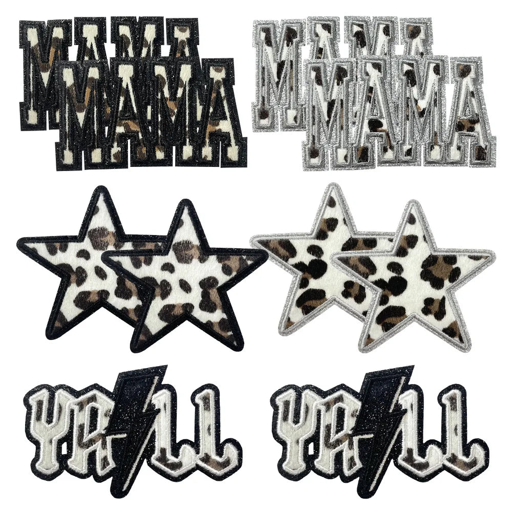 New Hot Iron on  Glitter Edge Leopard Print Mama Star Yall  Patch for T-shirt Hoodies Hat Decoration