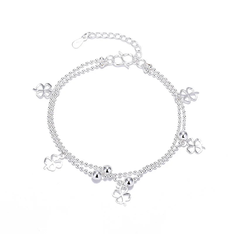 Wholesale Fashion Silver Chain Bracelet Lucky Flower Round Bead Double Layer Four-leaf Clover Bracelet for Women