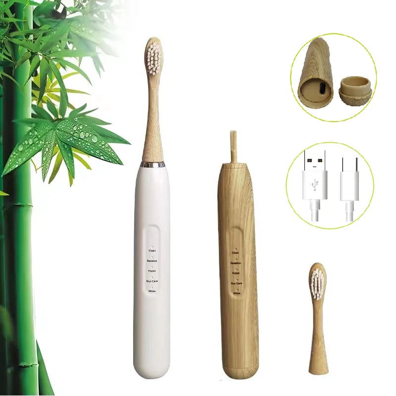 Eco-Friendly IPX7 Waterproof Electric Toothbrush Bamboo Brush Head Soft Sonic Bristles for Healthier Oral Teeth Cleaning Home