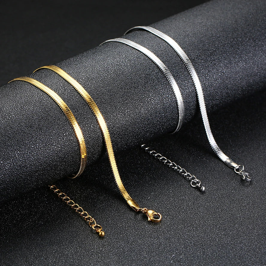 Hot Selling Fashion Jewelry Simple Stainless Steel Flat Snake Chain Necklace 18k Gold Plated Anklet for Women for Holiday Gift