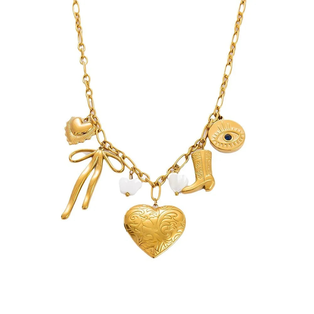 Fashion Stainless Steel 18K Gold Heart Necklace Photo Box DIY Evil Eye Boots Ceramic Shell Pendant Necklace for Women