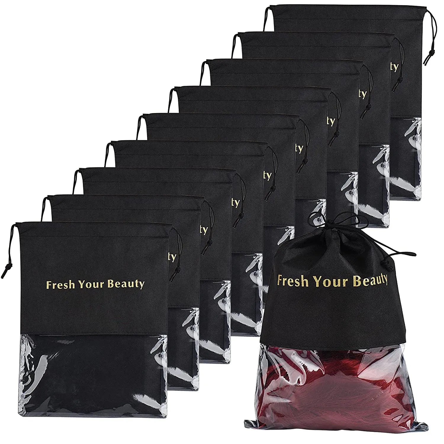 Polyester Hair Extension Holder with Drawstring Hairpieces Bags with Clear PVC Window for Bundles Wigs Tool