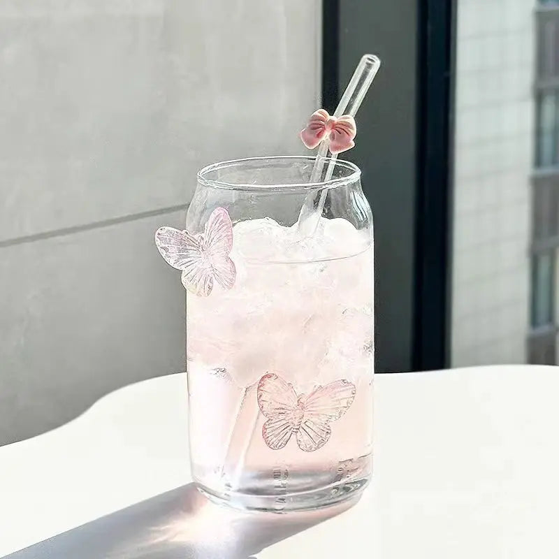 Wholesale Customized Can Shaped Drinking Glasses Cups Glass Coffee Mug With 3D Butterfly