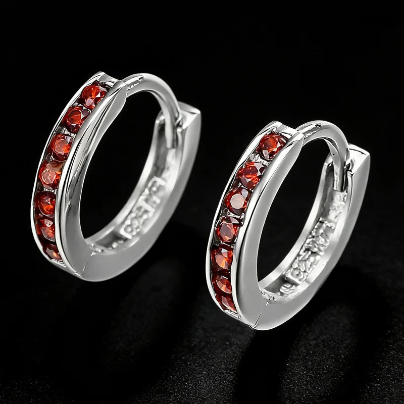 Minimalist Dainty Silver Tone Hoop Earrings with Tiny Red Cubic Zirconia Huggie Hoops for Everyday Wear