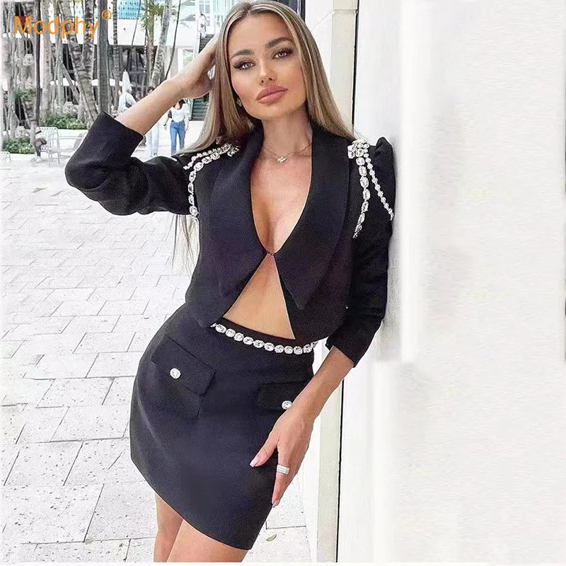 Spring 2024 Bandage Women's New Two-Piece Lapel Nail Rhinestone Long Sleeve Small Suit Jacket High Waist Skirt Set