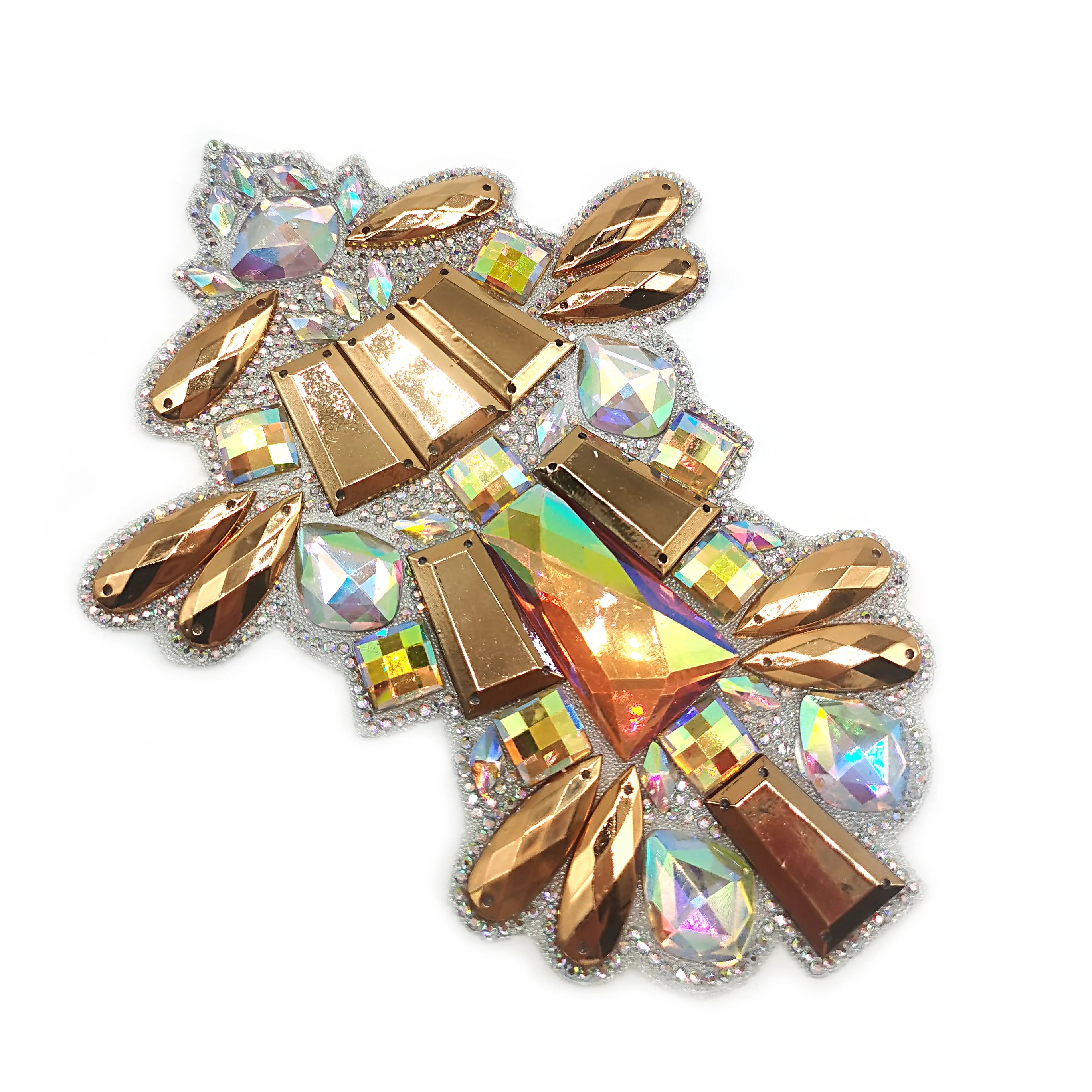 Custom Carnival Costumes Accessories Gold Color Iron on Rhinestone Applique Patch Resin Rhinestone Trim Applique Wholesale
