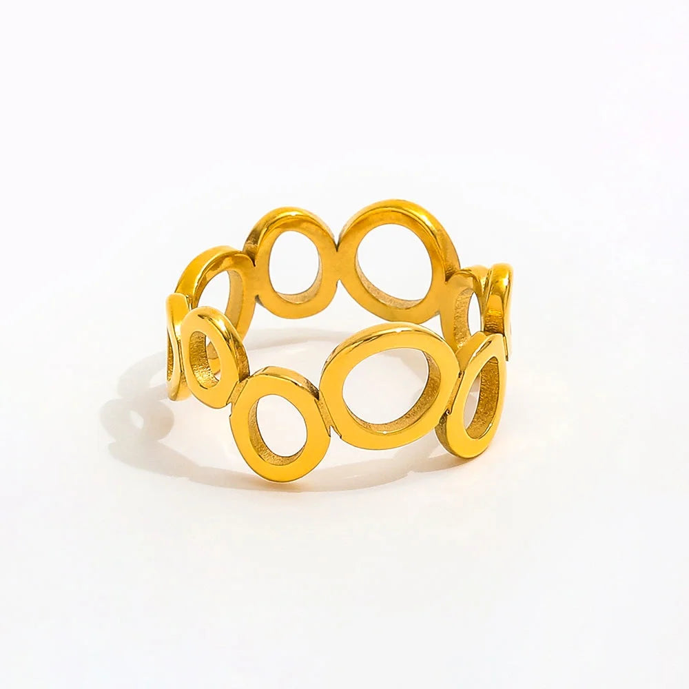 High End 18K Plain Gold Hollow Interlocking Circle Ring Stainless Steel Trendy Simple Gold Plated Jewelry