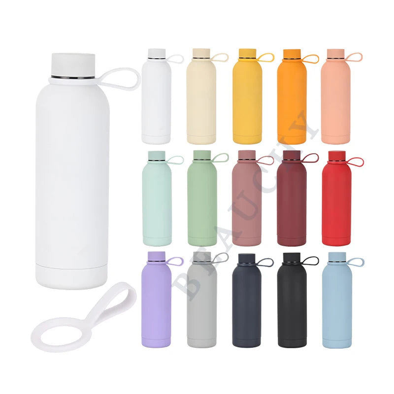 Custom American Style Stainless Steel Water Bottle 17oz 500ml Eco-Friendly Rubber Coated Narrow Mouth Bottle for Sports & Travel