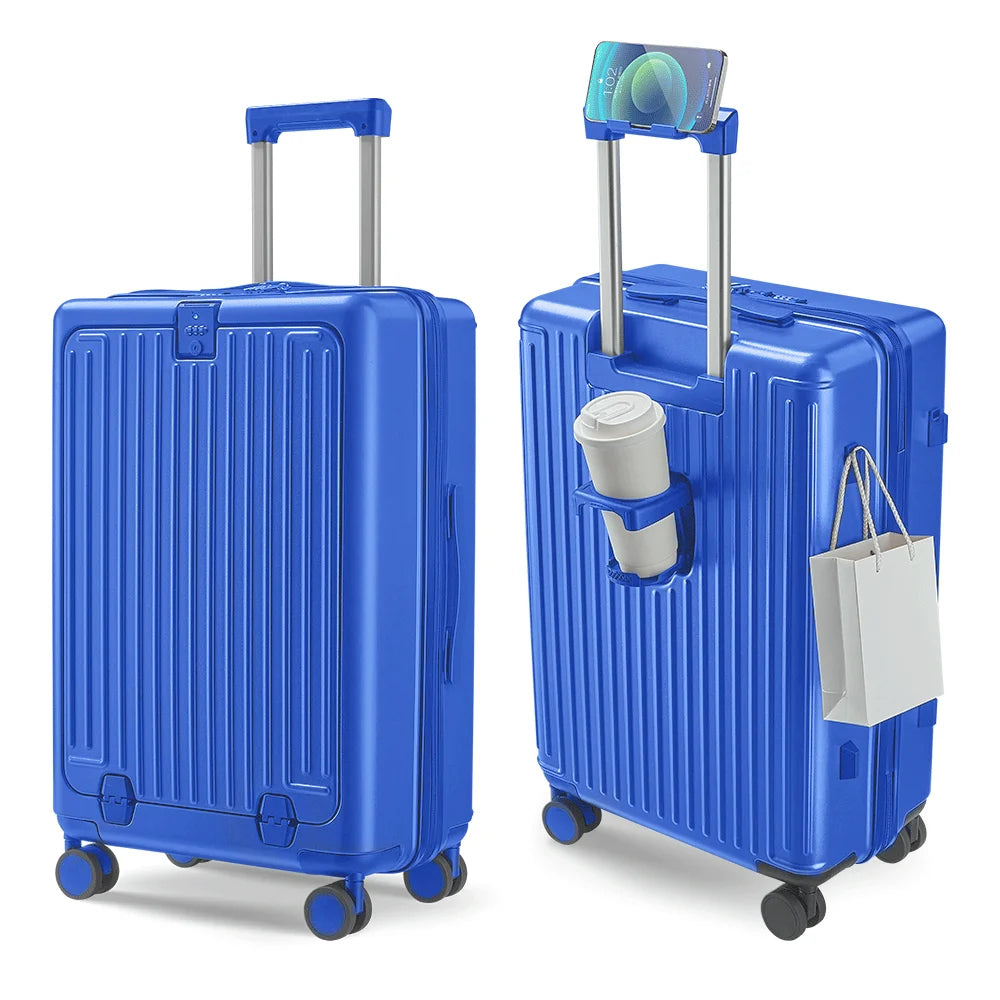 Wholesale 20 24 Inch Hard Pc Trolley Luggage Custom OEM Blue Front Opening Women's Travel Suitcase Luggage with Usb Charging