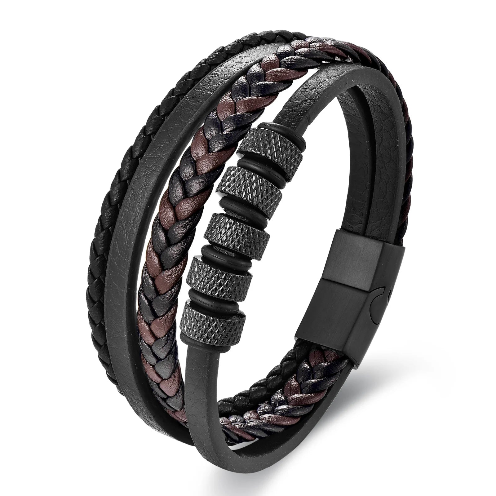 New Design Stainless Steel Magnetic Clasp Beaded Bangle Multi Layer Braided Genuine Leather Bracelet for Men Jewelry