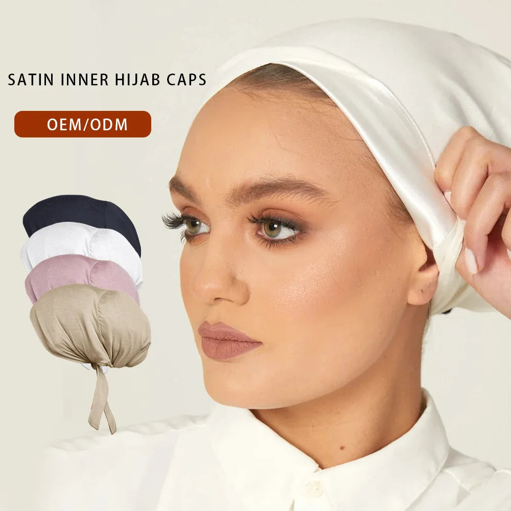 New Wholesale Muslim Underscarf Women Undercaps Label Custom Modal Jersey Satin Lined Silk Tie Back Inner Hijab Caps