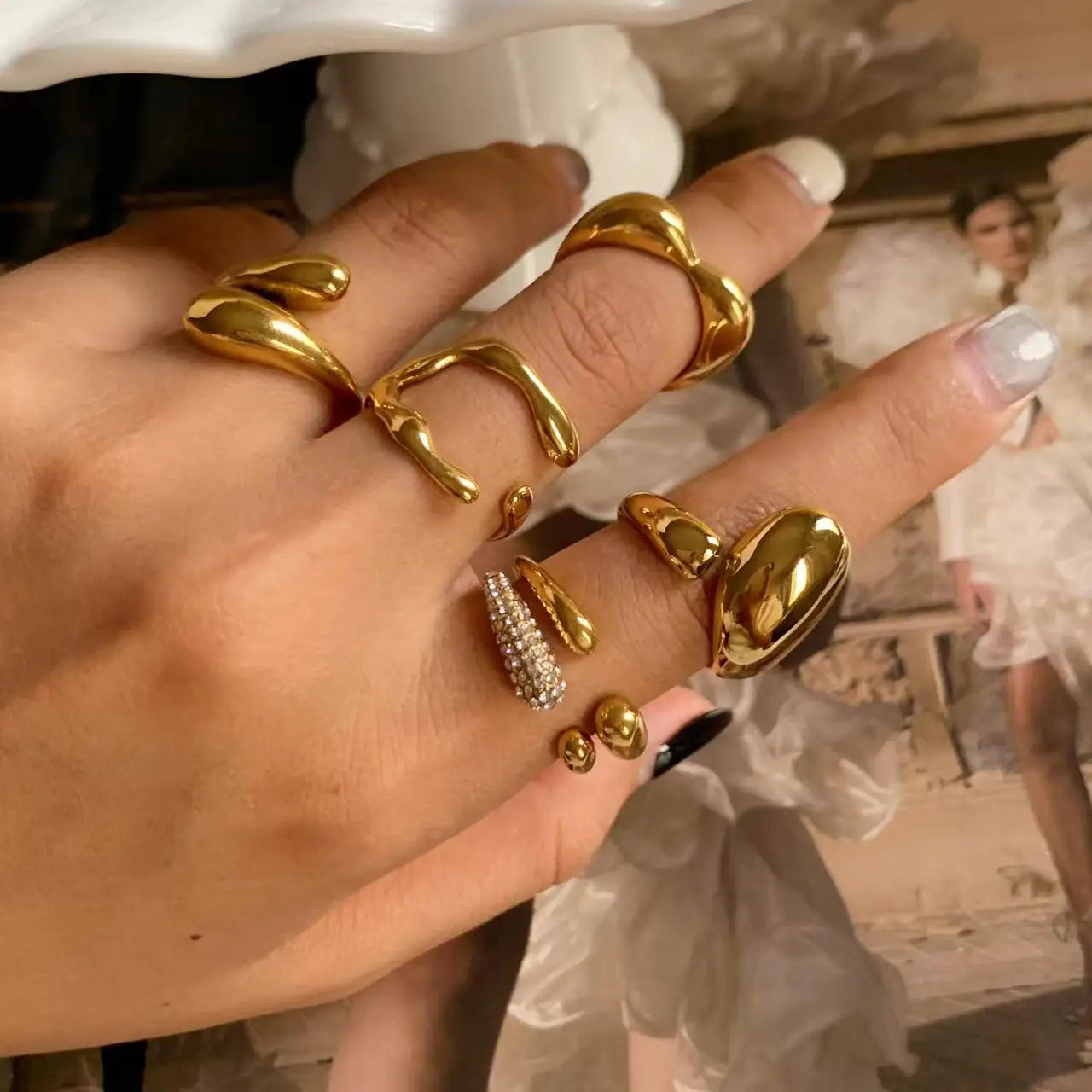 Irregular Unique Finger Ring Stainless Steel Jewelry Gift Rings 18k Gold Plated Non Tarnish Open Statement Ring Women
