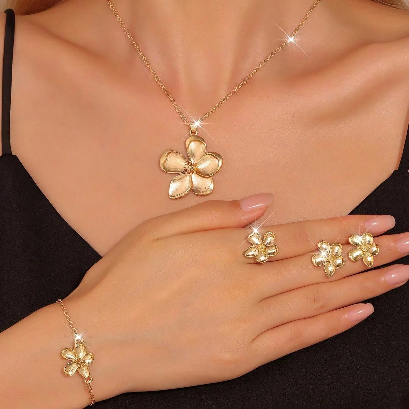European American Style Women's 3Pc/set Alloy Jewelry Gold Plated Five-Leaf Flower Necklace French Earrings Ring Fashionable