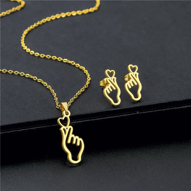 Hollow Palm Necklace Earrings Set Than Heart Gesture Stainless Steel Necklace Jewelry