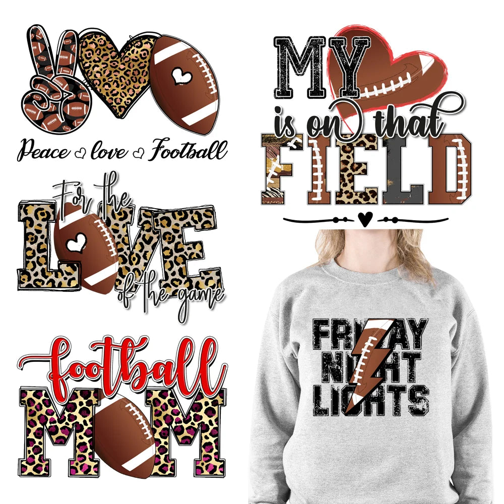2022 Fashion Hot Selling Love Letter Football Mom Decal Rugby Football Sport Heat Transfer Label for T-shirt MOQ 5PCS
