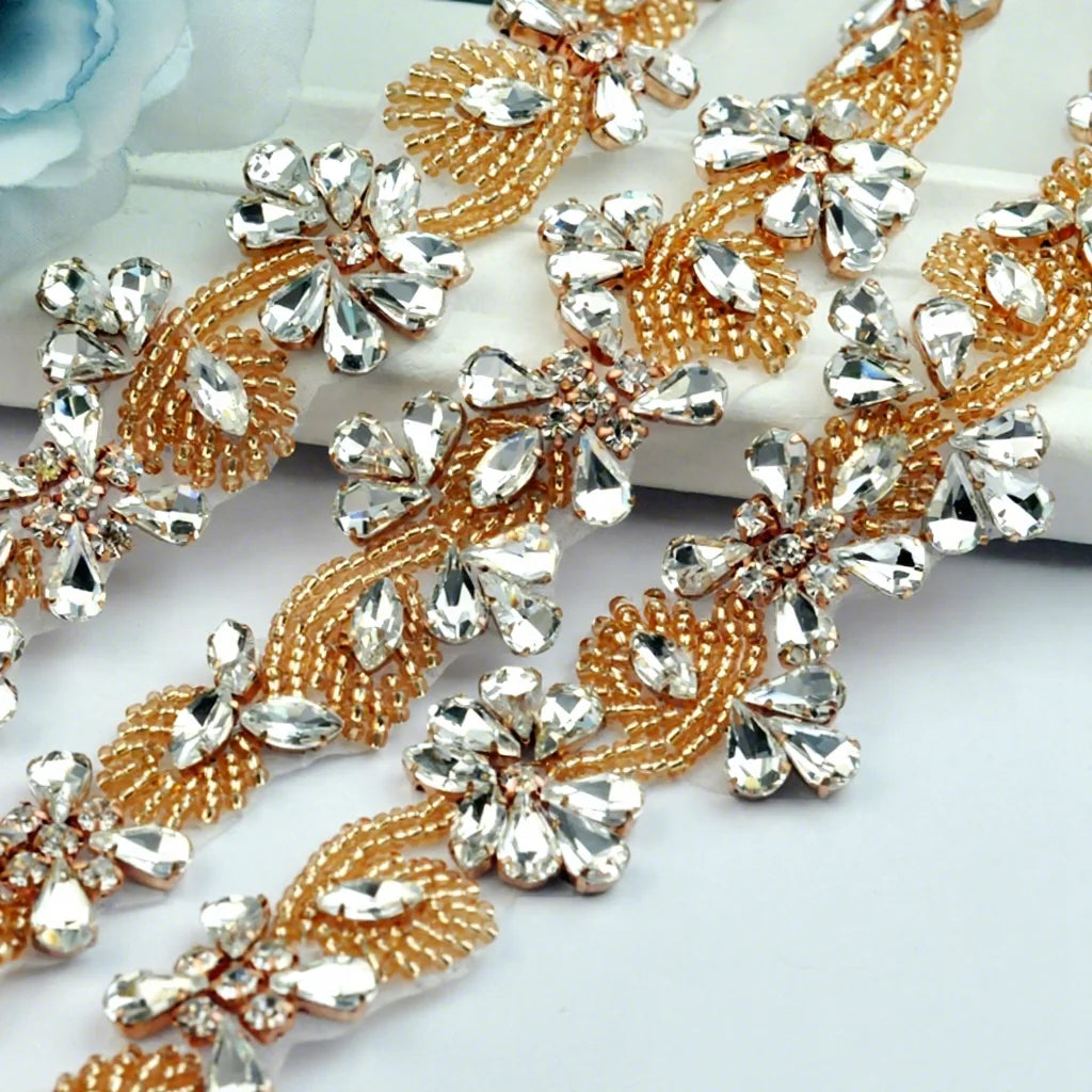 Rhinestone AppliqueBridal Sash AppliqueBead Motifs Small Wedding Belt Applique Iron-on WRA-1009