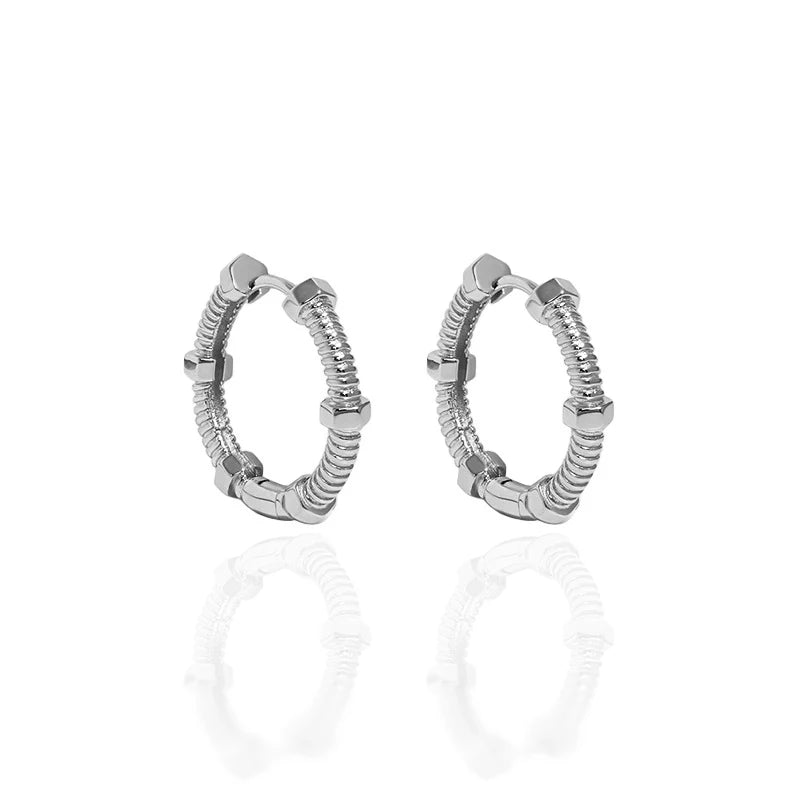 Trendy S925 Sterling Silver Hoop Earrings for Women Minimalist Hexagon Screw Texture for Weddings Parties and Gifts