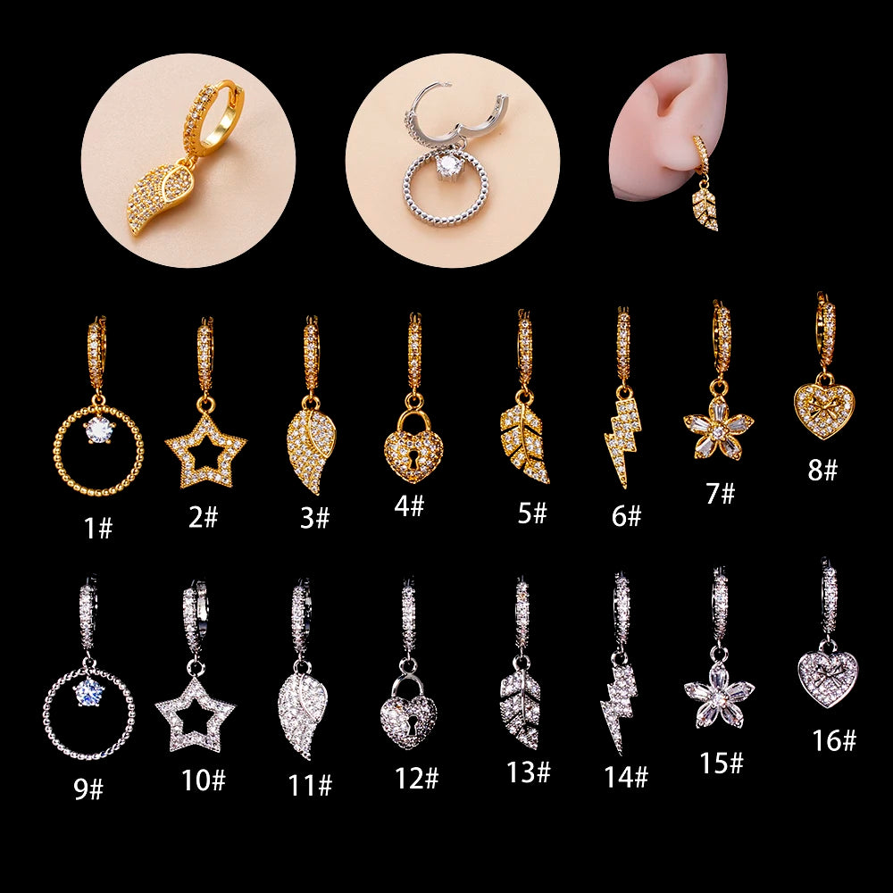 HENGSEN Gold Plated Copper Hoop Earring  Heart Leaf Star Flower Shape CZ Dangle Clicker Earring for Women Fashion Jewelry