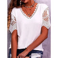Summer New Lace Stitching Petal Sleeve V-neck Short-sleeved T-shirt Women's Fashion Casual Loose Solid Color Vintage Blouse Tops