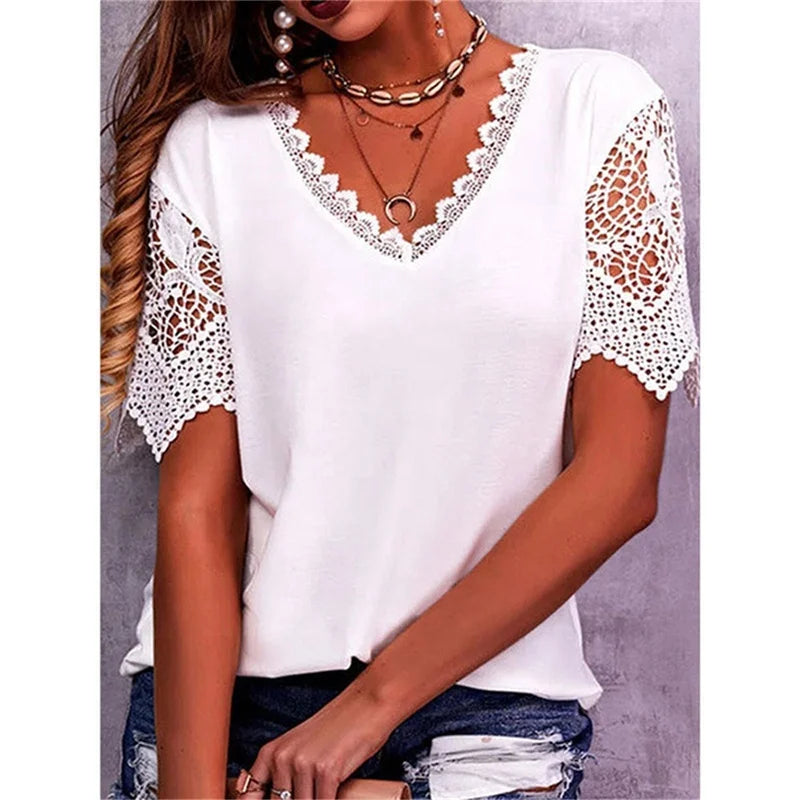 Summer New Lace Stitching Petal Sleeve V-neck Short-sleeved T-shirt Women's Fashion Casual Loose Solid Color Vintage Blouse Tops