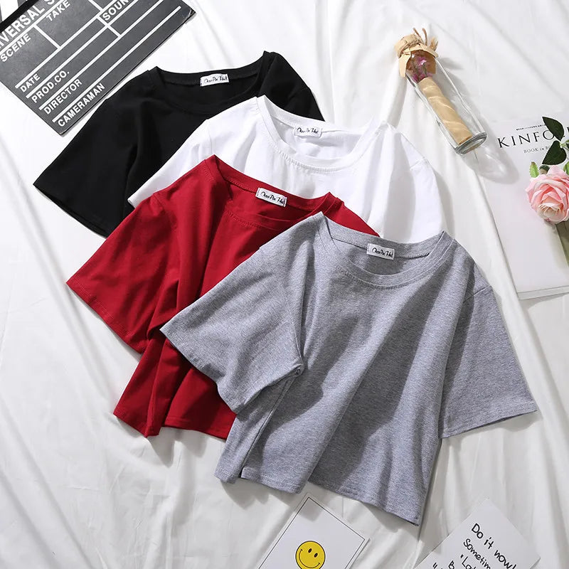 Fitspi Summer Short Sleeve T Shirts Women Cotton Solid T-shirt O Neck High Waist Crop Top Tee Female Casual Loose T Shirt