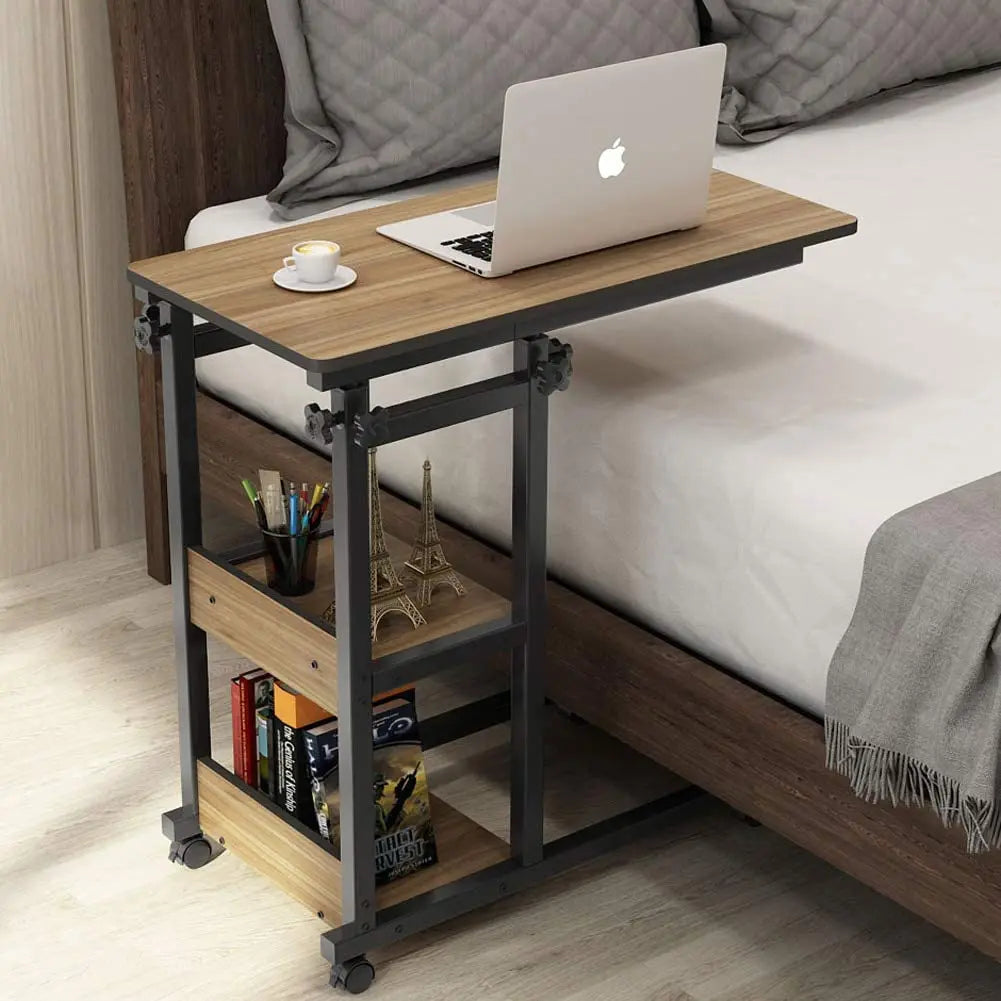 Modern Two-Tiered Coffee End Table with Wheels Multi-Functional Metal Frame and Side 'C' Shape for Living Room Furniture