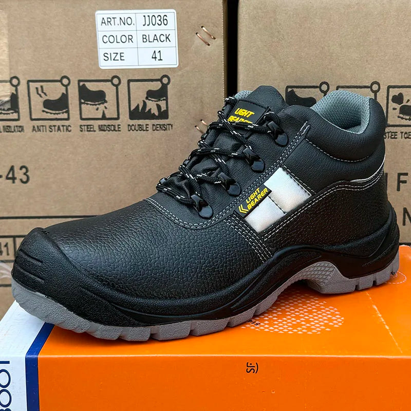 LIGHT BEARER JJ036 Men's Leather Safety Shoes Oil Slip Resistant Mining Industrial Construction Boots Zapatos De Seguridad