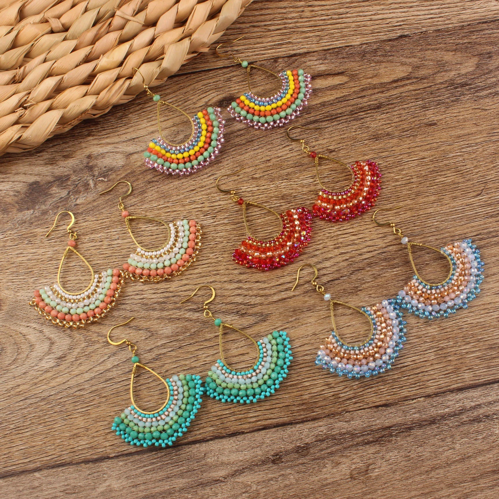 Stylish Hand Woven Delicate Seed Bead Crystal Earrings Vintage Ethnic Fan-Shaped Boho Earrings for Women