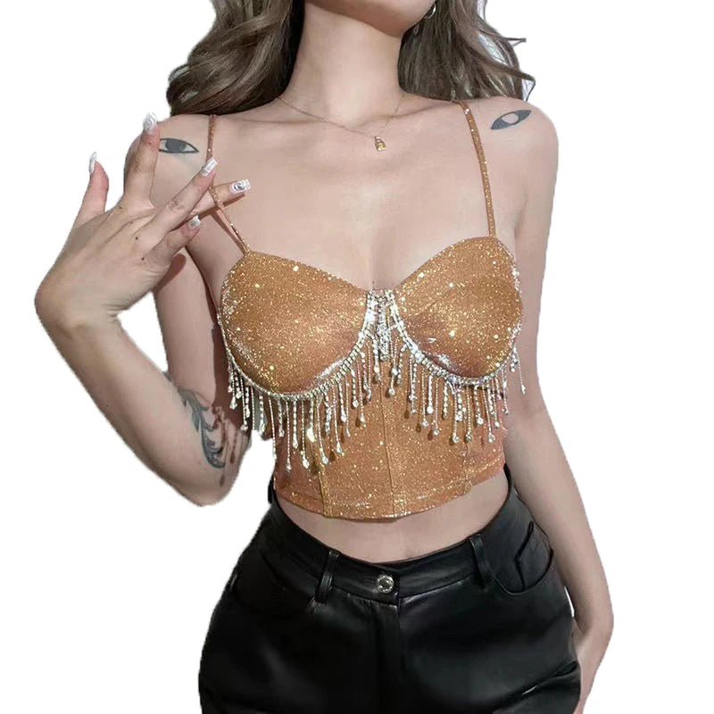Solid Colours Backless Diamonds Tassel Bustier Camisoles Ladies Crop Women Cropped Tops