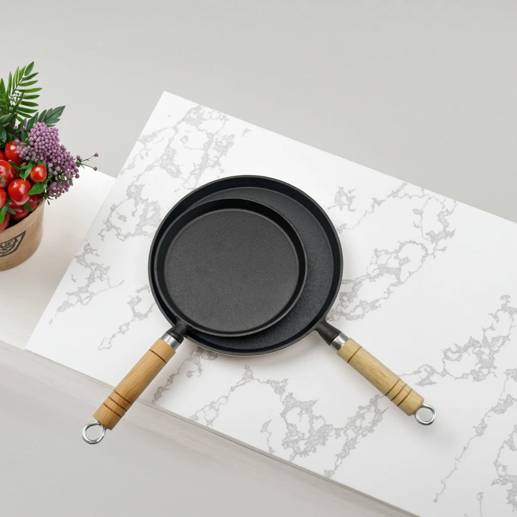 Success  Vegetable Oil Pre-Seasoned Coated Flat Cast Iron Skillet with Wooden Handle Grip