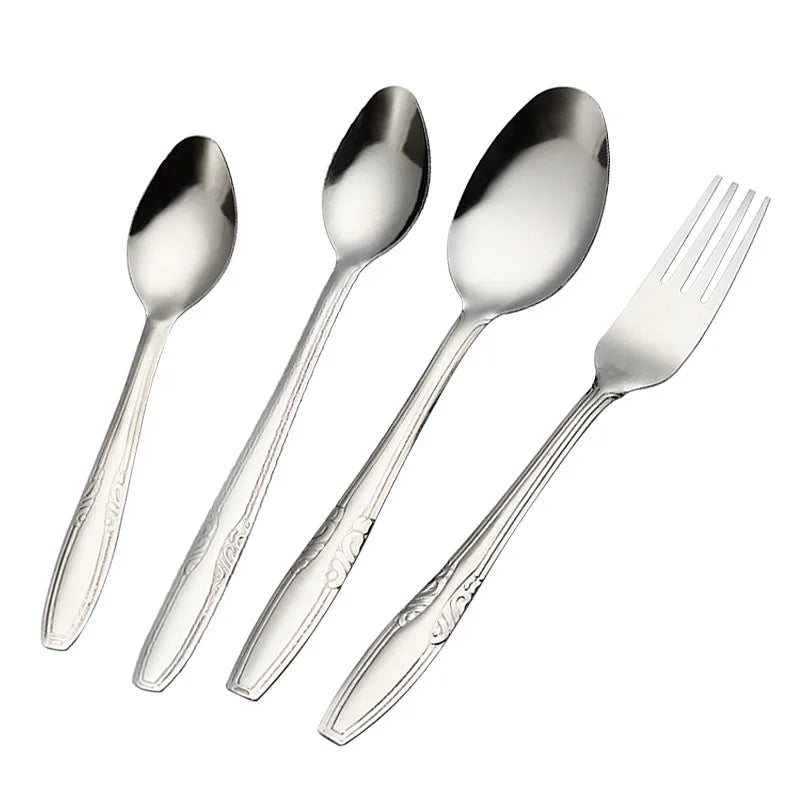 Hot Selling Long Handle Serving Spoon Cutlery Set Stainless Steel Restaurant Embossed Coffee Stirring Spoon Salad Fork