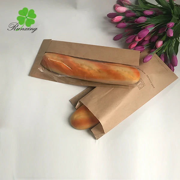 Custom Logo Brown Kraft Paper Food Bag Lamination Recycled Long Loaf Opening Window for Sandwich Sugar Pet Food Includes Ribbon