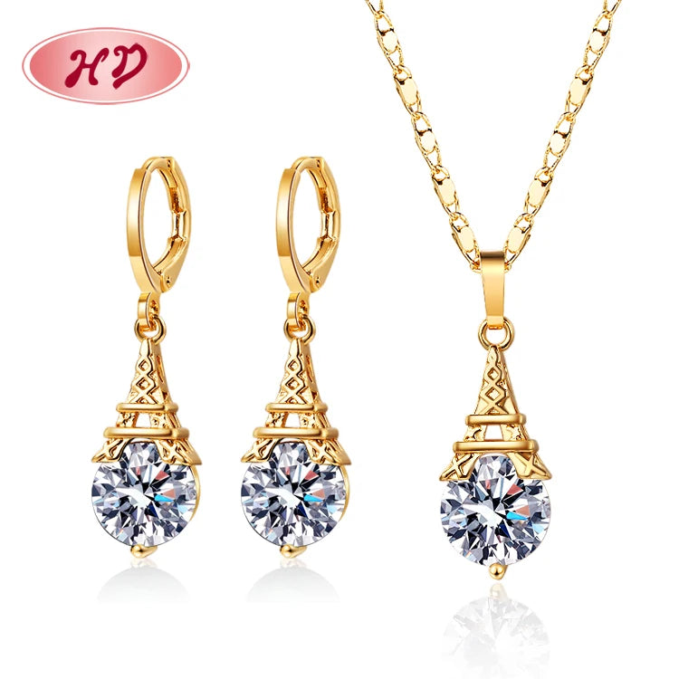 New Arrival Eiffel Tower Jewelry Sets Dainty Shining Zirconia Earrings Necklace Sets 18k Plated Souvenir Accesorios Mujer