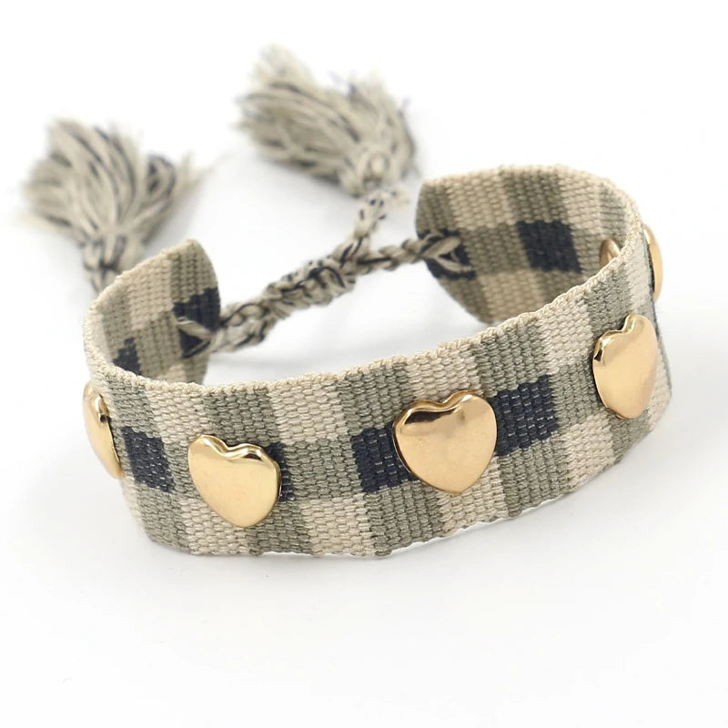 Ethnic Friendship Bracelet Golden Heart-shaped Metal Rivets Woven Wristband Adjustable Size Plaid Webbing Tassel Bracelets