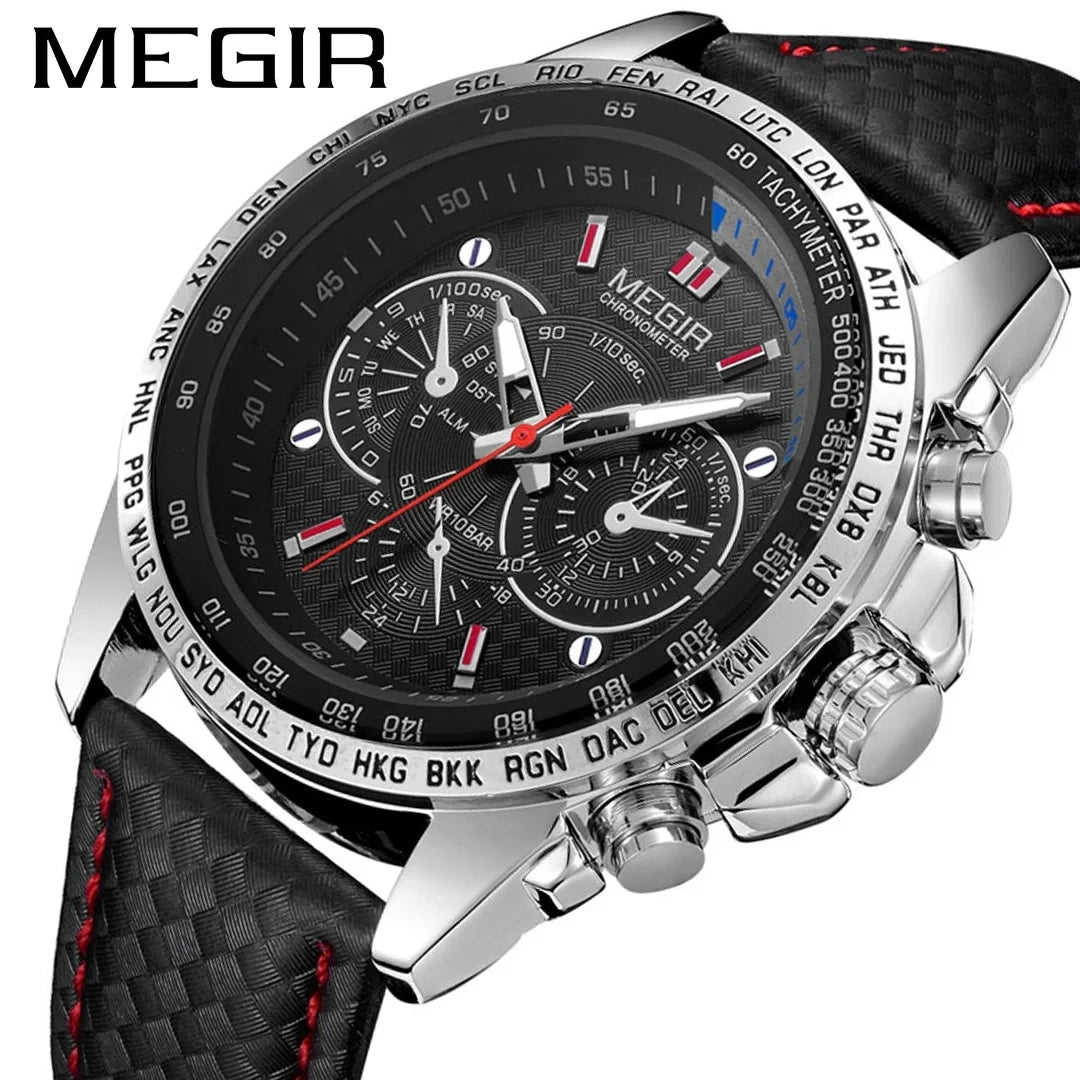 MEGIR 1010 Hot Fashion Man's Quartz Wristwatch Brand Waterproof Leather Watches for Men Casual Black Watch for Male