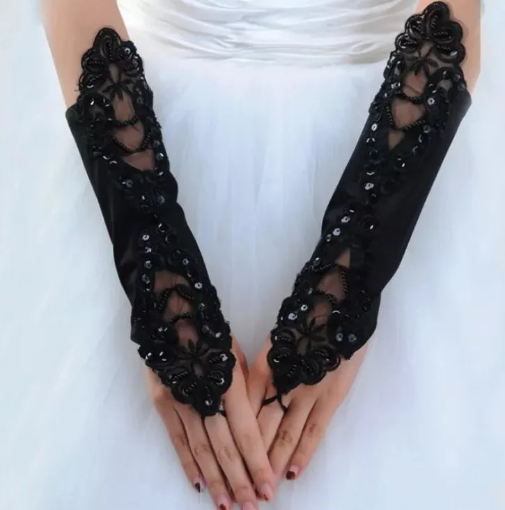 30cm Length Bride Dress Accessories Beads  Decorative Simple Lace Fingerless Hollow Satin Wedding Gloves