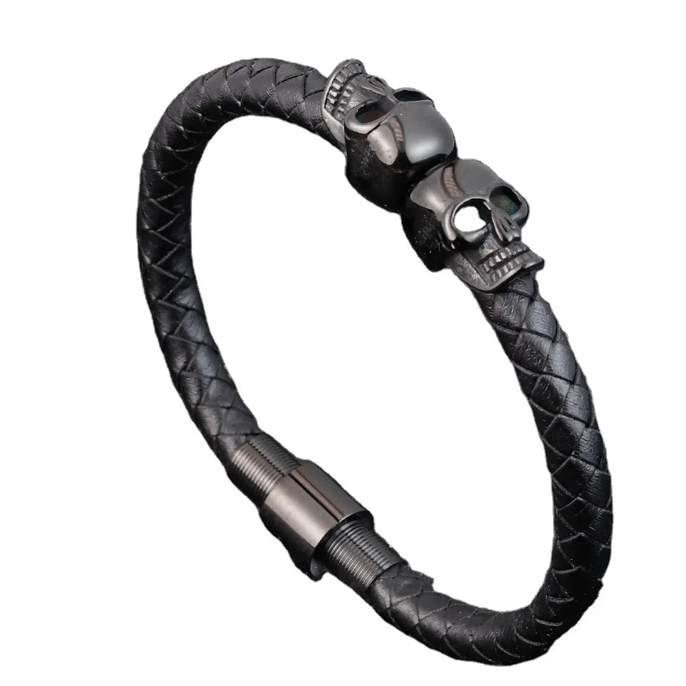 Sini Jewelry Wholesale fashion skeleton stainless steel bracelet ghost Head men's leather braid bracelets