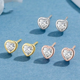 Popular Gold Plated S925 Sterling Silver Bezel Setting Heart Zircon Stud Earrings for Women Wholesale