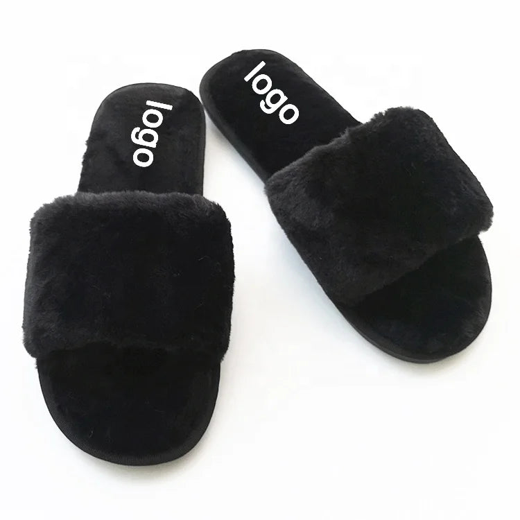 Quick-delivery Winter Custom Size Open Toe Indoor Fuzzy Plush Black Slippers for America Ladies