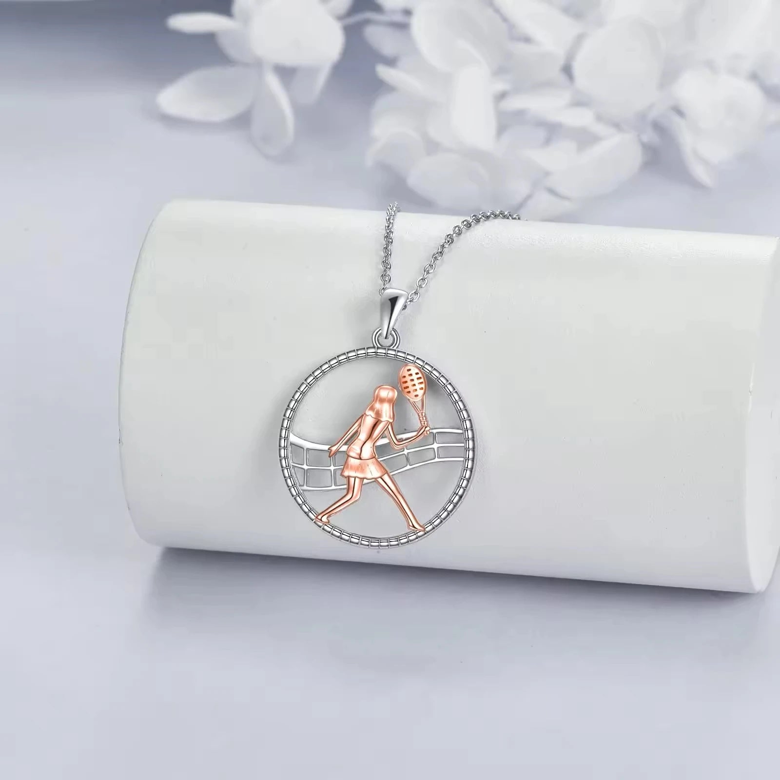 Sporty Theme Jewelry 925 Sterling Silver Rhodium Plated&Rose Gold Plated Tennis Girl Pendant Necklace