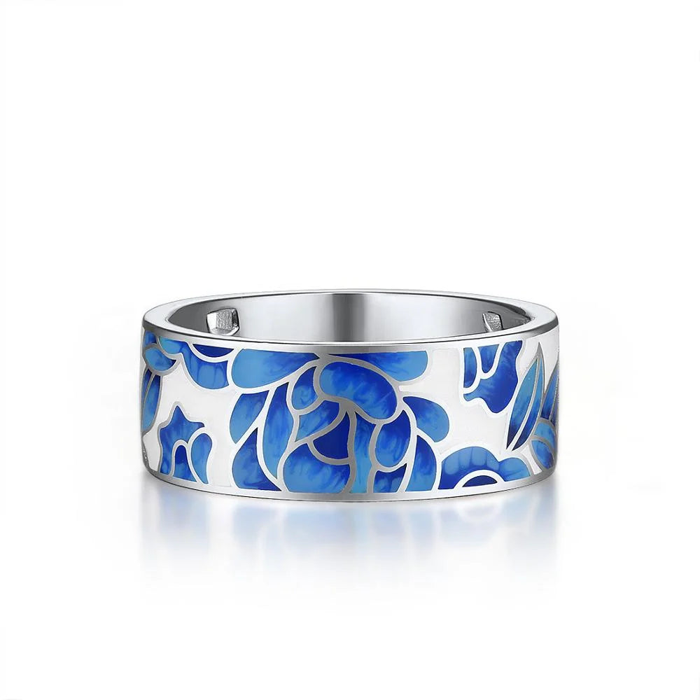 Trendy Women Handmade Jewelry 100% 925 Sterling Silver Blue Flower Enamel Rings